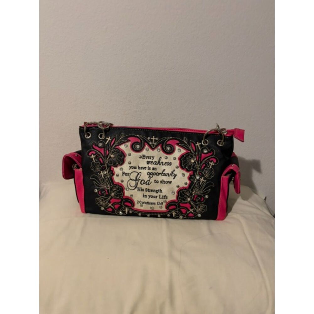 Black & Hot Pink Faux Leather Handbag with Studs & Floral Embroidery – New